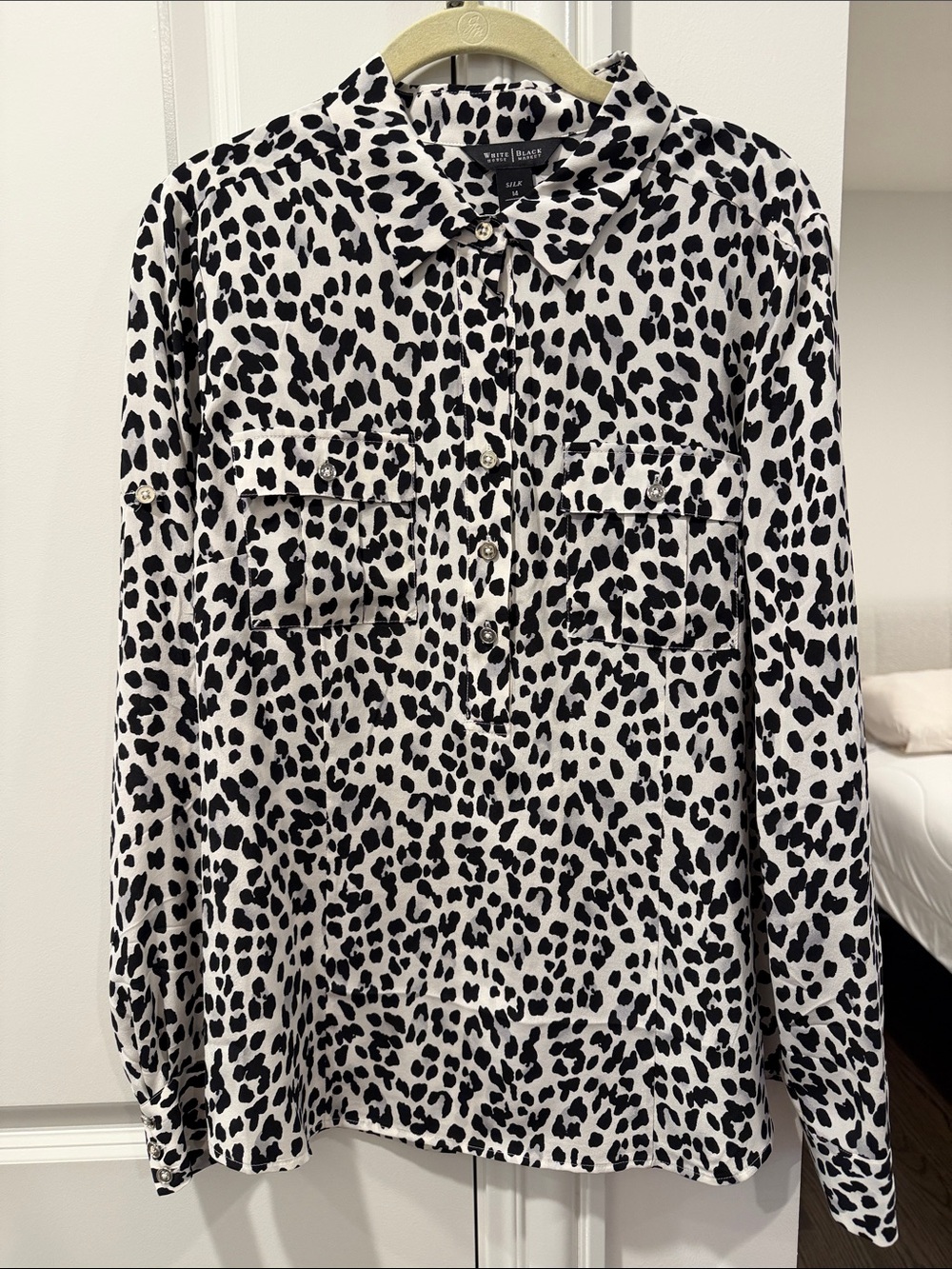 White House Black Market Black & White Leopard Print Button-Front Blouse.  SILK